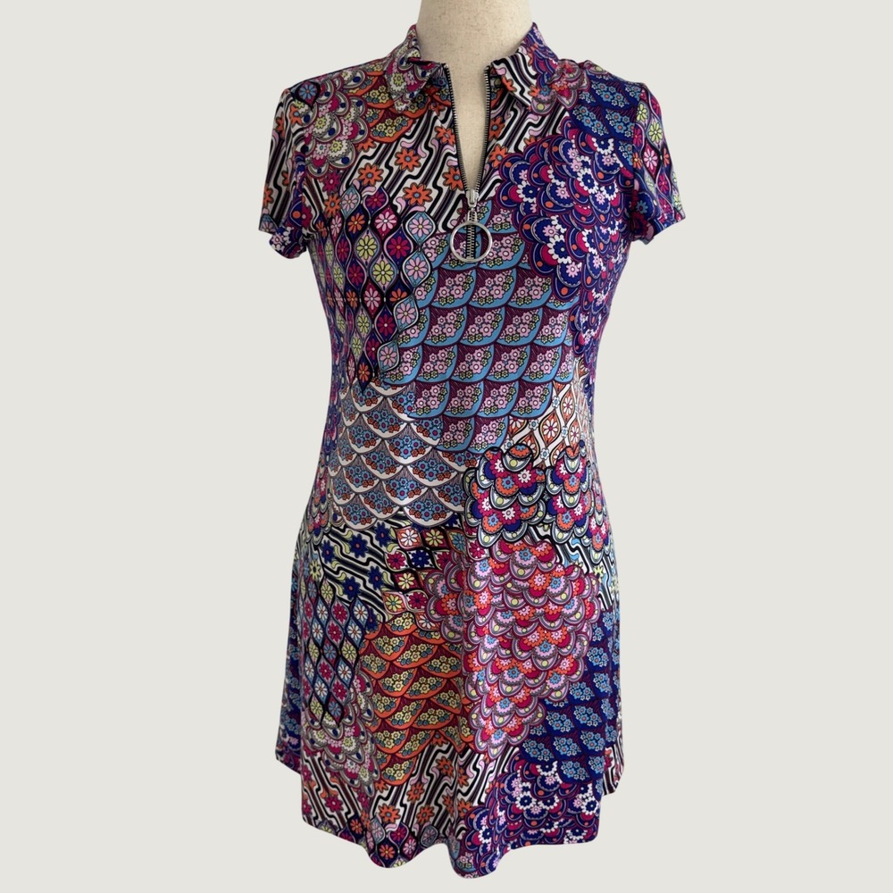 MSK Petite Womens Multi-Color Psychedelic Floral O-Ring Half Zip Mini Dress PM